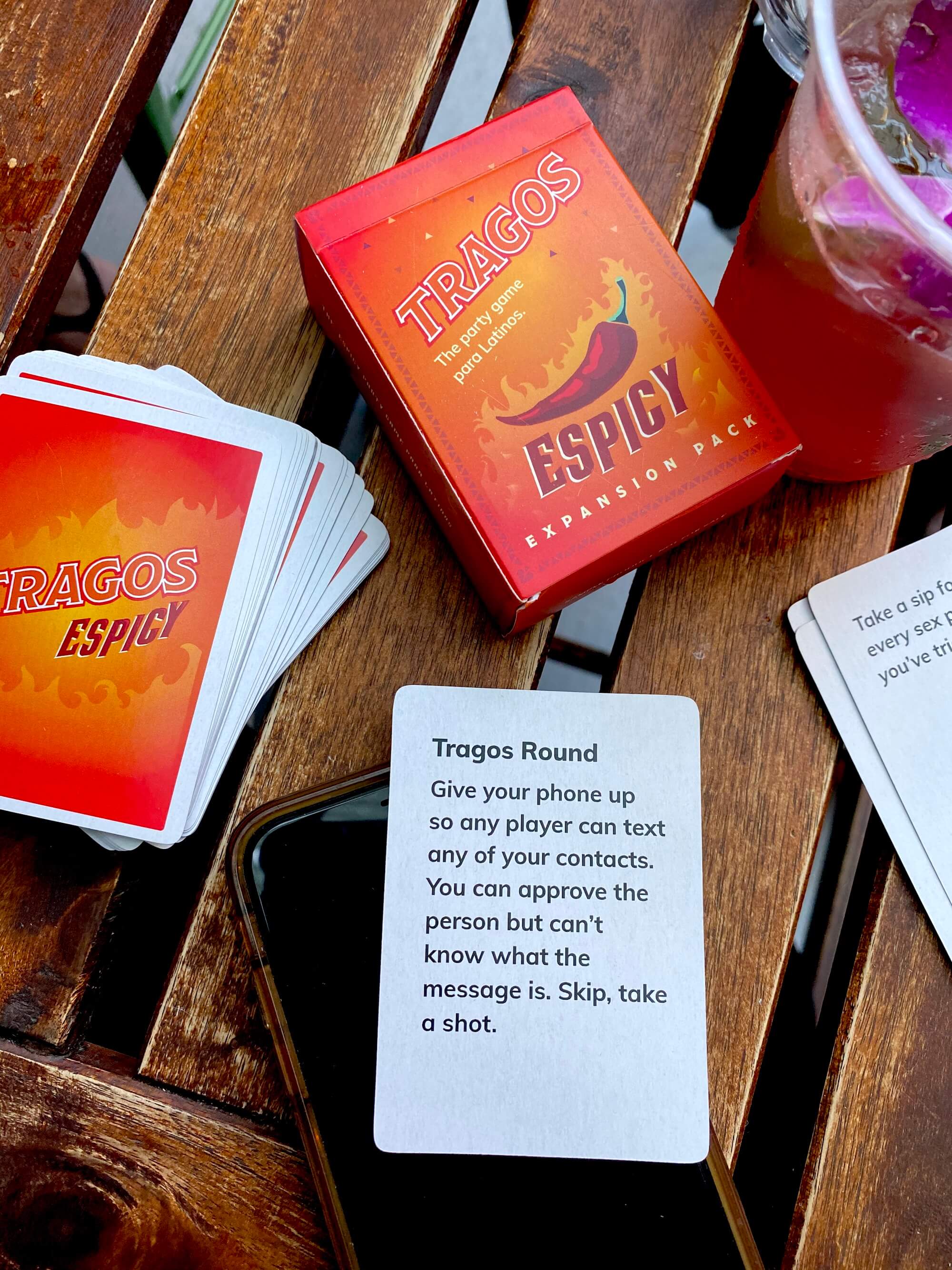 Tragos Espicy Expansion pack full of challenges and Tragos rounds cards. Give your phone up so any player can text any of your contacts. Brunch drinking games with cocktails and cards